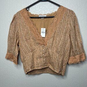 American Eagle Floral Mid-Sleeve Crop Top Womans M Orange NWT